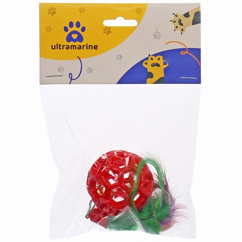 Игрушка - шарик для кошек МУРОЧКИН, цвет красный, с бубенчиком и перышками, 4,5см_4