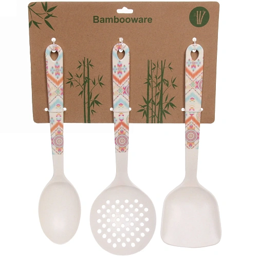 Набор кухонных принадлежностей 3шт бамбуковых "Eco Life" (Ложка, Шумовка, Лопатка), орнамент
