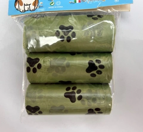 Пакеты биоразлагаемые для уборки за собакой в наборе 3шт, рис. лапки, цвет зеленый (3*15шт)