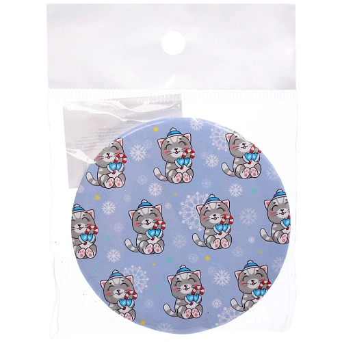 Зеркало косметическое круглое КОЛЛЕКЦИЯ МАРЦИПАН, новогодние котики, d-7,5см (пакет с подвесом)_4
