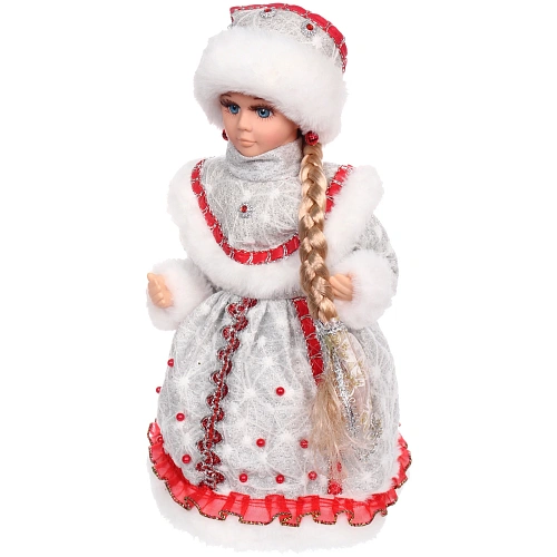 Снегурочка музыкальная Красный бархат 30 см (серебряная шубка)_4