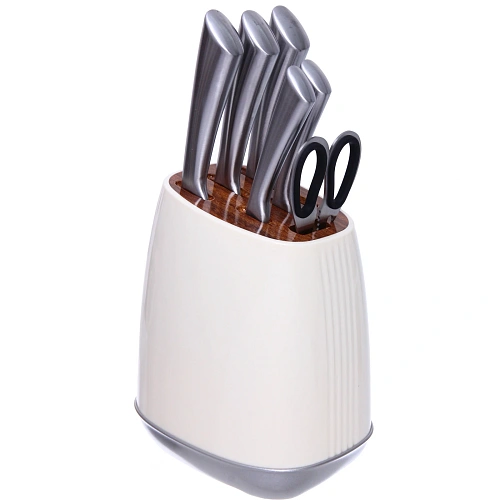 Набор ножей SHEF 7предметов (5ножей+ножницы+подставка),бежевый_3