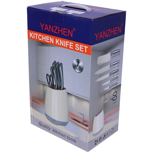 Набор ножей SHEF 7предметов (5ножей+ножницы+подставка), молочный_11