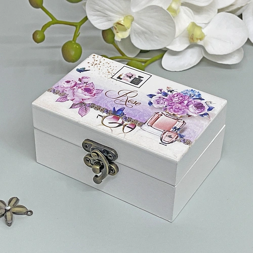 Шкатулка деревянная с зеркалом "МАРЦИПАН", пудровые пионы, 9.5*6.5*5см (в коробке)