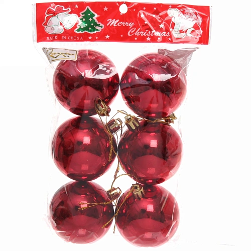 Новогодние шары 6 см (набор 6 шт) Глянец, Красный (пакет)_3