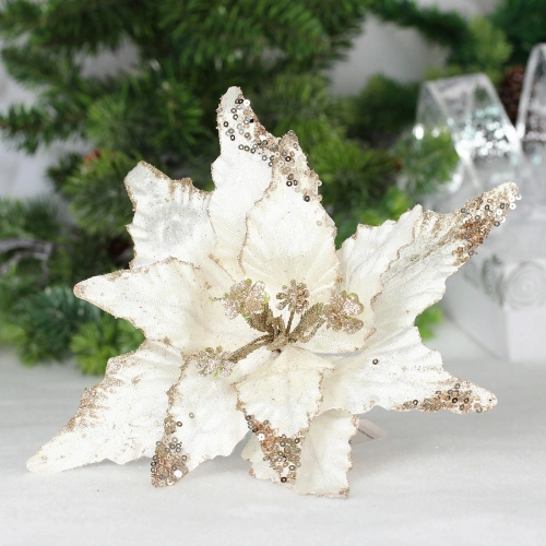 Украшение новогоднее "Пуансеттия - Звёздное небо" 28 см, Белый/шампань